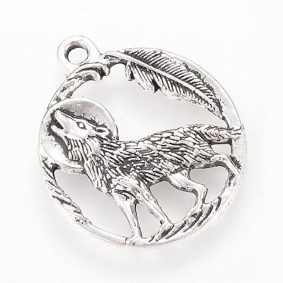 Alloy Howling Wolf Pendants, Flat Round with Wolf, Cadmium Free & Lead Free