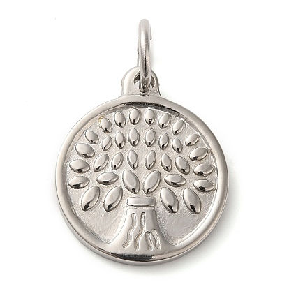 Pendentifs en acier inoxydable, avec anneau de saut, plat rond avec motif arbre
