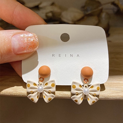 Imitation Pearl Beads Earrings, Alloy Enamel Bowknot Earings for Women, 925 Sterling Silver Pins