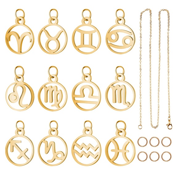DIY Twelve Constellations Pendant Necklace Making Kits, include Brass Cable Chains Necklace Making, 304 Stainless Steel Pendants, Manual Polishing, Ring