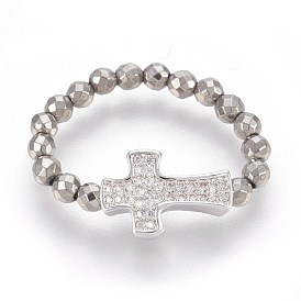 Electroplate Non-magnetic Synthetic Hematite Stretch Rings, with Brass Micro Pave Cubic Zirconia Cross Beads, Faceted, Round