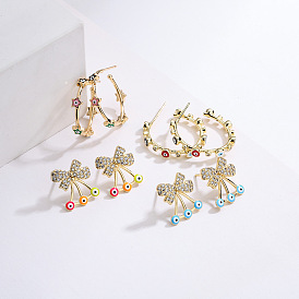 18K Gold-Plated Copper Geometric Earrings with Zircon Butterfly Knot and Devil's Eye C-Shaped Ear Clip