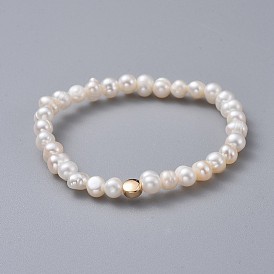 Stretch Kids Bracelets, with Brass Beads, Grade A Natural Freshwater Pearl Beads and Burlap Packing Pouches Drawstring Bags, Flat Round