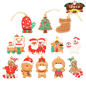 12Pcs Christmas Gingerbread Man/Santa Claus/Snowman/Tree/Gloves Pendant Decoration, Plastic Rope Christmas Tree Hanging Ornaments