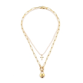 Pendant Necklaces Sets, with Natural Pearl Beads, Brass Paperclip Chains & Cross  Charms, 304 Stainless Steel Heart Lock Pendants & Clasps