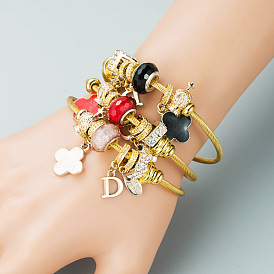 Flower Alphabet Alloy Bracelet with Minimalist Beaded Wire Chain Jewelry