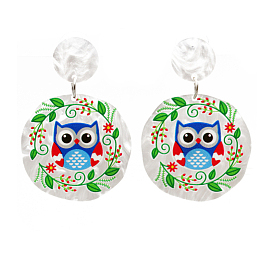 Acrylic Flower of Life with Owl Dangle Stud Earrings for Women