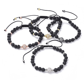 Braided Bead Bracelets, with Natural Lava Rock Beads, Brass Micro Pave Cubic Zirconia Beads and Braided Nylon Thread