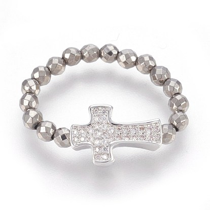 Electroplate Non-magnetic Synthetic Hematite Stretch Rings, with Brass Micro Pave Cubic Zirconia Cross Beads, Faceted, Round