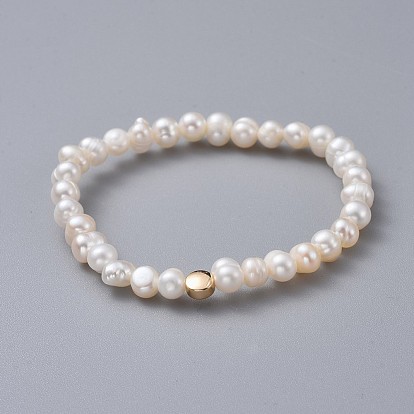 Stretch Kids Bracelets, with Brass Beads, Grade A Natural Freshwater Pearl Beads and Burlap Packing Pouches Drawstring Bags, Flat Round