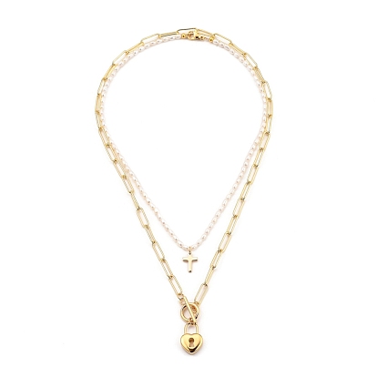 Pendant Necklaces Sets, with Natural Pearl Beads, Brass Paperclip Chains & Cross  Charms, 304 Stainless Steel Heart Lock Pendants & Clasps