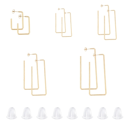 201 Stainless Steel Stud Earrings, with Ear Nuts and 304 Stainless Steel Pins, Rectangle