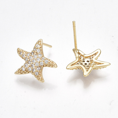 Brass Micro Pave Cubic Zirconia Stud Earring Findings, with Loop, Starfish/Sea Stars, Clear, Nickel Free