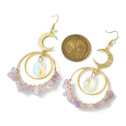 Brass Moon & Rings Dangle Earrings, Natural Amethyst Chips & Glass Teardrop Long Drop Earrings
