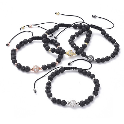 Braided Bead Bracelets, with Natural Lava Rock Beads, Brass Micro Pave Cubic Zirconia Beads and Braided Nylon Thread