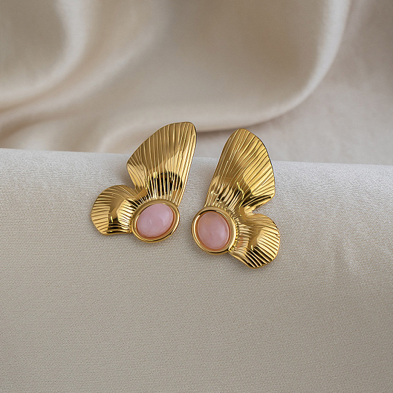 304 Stainless Steel Natural Gemstone Stud Earrings for Women, Petaline