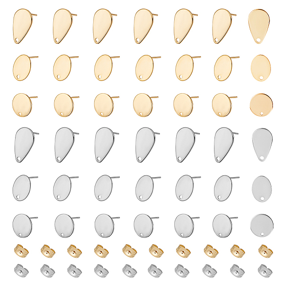 48 шт. 3 стиль 2 цвета 201 фурнитура для сережек-гвоздиков из нержавеющей стали, с 304 штифтом и отверстием из нержавеющей стали и фрикционными ушными гайками, овальные и каплевидные и плоские круглые