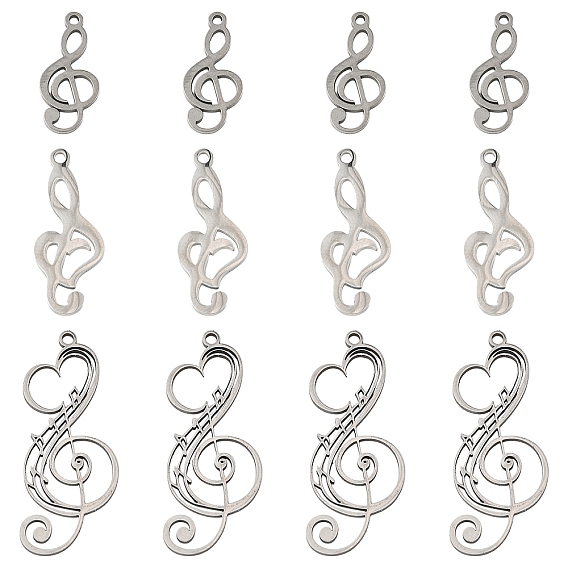12Pcs 3 Styles Stainless Steel Pendants, Musical Note Charm