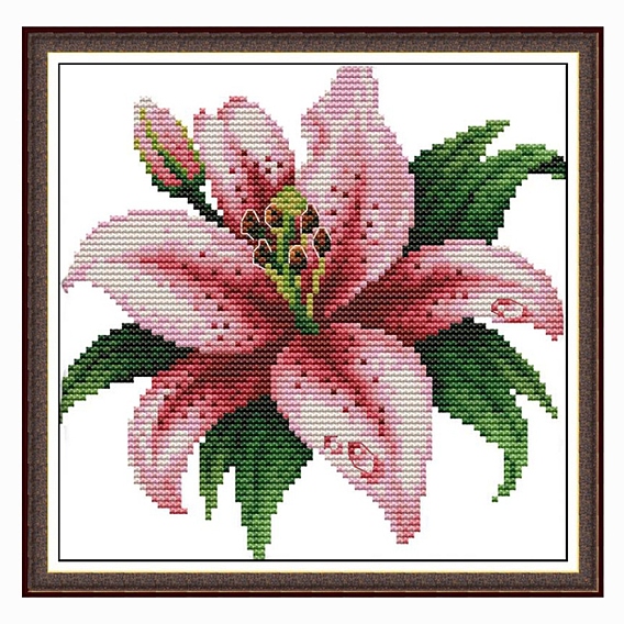 Lily Pattern DIY Cross Stitch Beginner Kits, Stamped Cross Stitch Kit, Including 11CT Printed Cotton Fabric, Embroidery Thread & Needles, Instructions