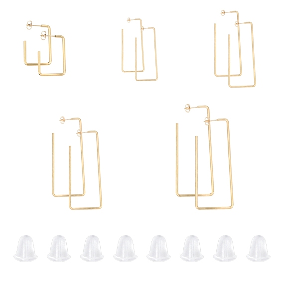 201 Stainless Steel Stud Earrings, with Ear Nuts and 304 Stainless Steel Pins, Rectangle