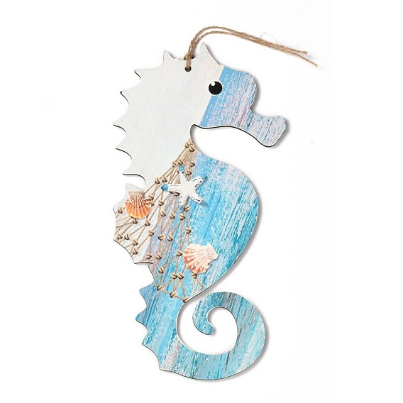 Natural Wood Pendant Decorations, with Hemp Cord, Sea Horse