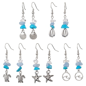 Natural & Synthetic Mixed Stone Dangle Earrings, with Alloy Beads and Brass Earring Hooks, Marine Theme, Mixed Shapes