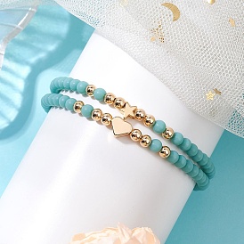 2Pcs 2 Styles Glass Seed Beaded Stretch Bracelet Sets for Women, with Brass Beads, Start Heart