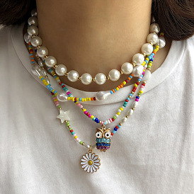 Colorful Owl Flower Necklace with Rice Beads and Lock Clavicle Chain Jewelry