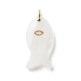 Natural Quartz Crystal Pendants, Rock Crystal Fish Charms with Brass Micro Pave Clear Cubic Zirconia Findings, Golden