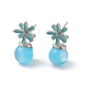Flower Alloy Enamel & Resin Stud Earrings for Women, Sky Blue