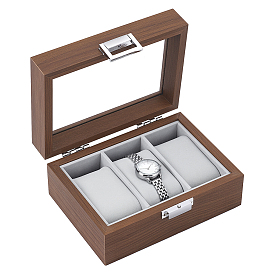3-Slot Wooden Watch Organizer Boxes, with Velvet Inside and Glass Window, Rectangle
