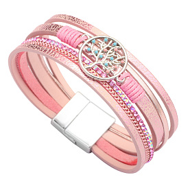 Bracelet fantaisie bohème - arbre de vie diamant, bracelet en cuir pu pour femme.