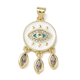 Brass Pave Clear & Bisque Cubic Zirconia Evil Eye Pendants, Woven Web/Net with Feather Charms, with White Enamel