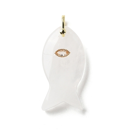 Natural Quartz Crystal Pendants, Rock Crystal Fish Charms with Brass Micro Pave Clear Cubic Zirconia Findings, Golden