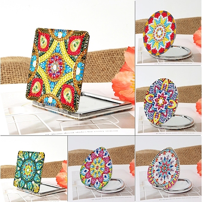 Mandala Flower DIY Diamond Painting Mirror Kits, including Resin Rhinestones, Diamond Sticky Pen, Tray Plate and Glue Clay