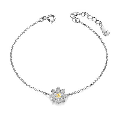 SHEGRACE 925 Sterling Silver Link Bracelet, with Golden Tone Lotus Flower