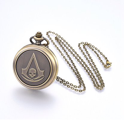 Alloy Pendant Necklace Quartz Pocket Watches, with Iron Chains and Lobster Claw Clasps, Flat Round with Skull
