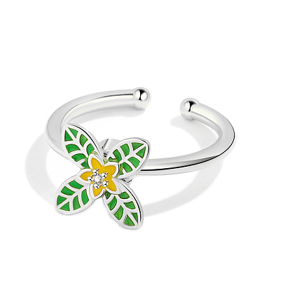 Эмалированное клеверное вращающееся кольцо на открытой манжете для женщин, латунные кольца-спиннеры с микро-паве и прозрачным кубическим цирконием