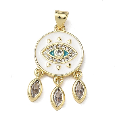Brass Pave Clear & Bisque Cubic Zirconia Evil Eye Pendants, Woven Web/Net with Feather Charms, with White Enamel