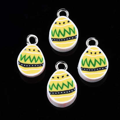 Handmade Polymer Clay Charms, with Platinum Tone Iron Loop, Easter Egg