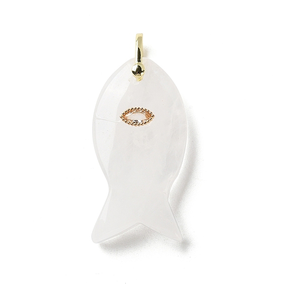Natural Quartz Crystal Pendants, Rock Crystal Fish Charms with Brass Micro Pave Clear Cubic Zirconia Findings, Golden