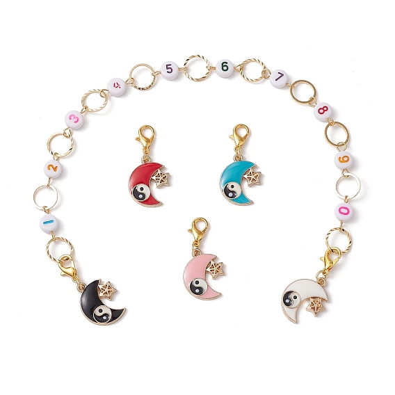 4Pcs Yin-Yang Moon Alloy Enamel Charm Number Acrylic Beaded Knitting Row Counter Chains & Locking Stitch Markers Kits