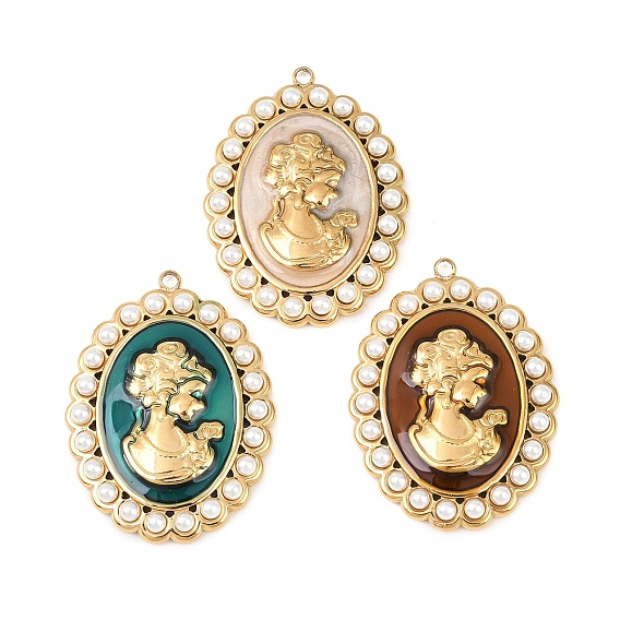 304 Подвески из нержавеющей стали с эмалью и имитацией жемчуга из АБС-пластика, овал с женскими прелестями, ионное покрытие (ip), реальный 18 k позолоченный