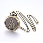 Alloy Pendant Necklace Quartz Pocket Watches, with Iron Chains and Lobster Claw Clasps, Flat Round with Skull