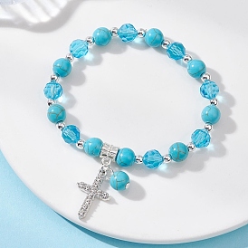 Браслеты с подвесками из сплава крест-накрест со стразами, круглые эластичные браслеты из синтетической окрашенной бирюзы и стеклянных бусин для женщин