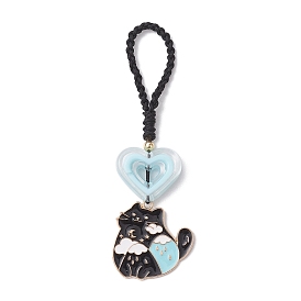 Cat Alloy Enamel Pendant Deciration, with Heart Acrylic Beads and Polyester Cords Hanging Ornaments