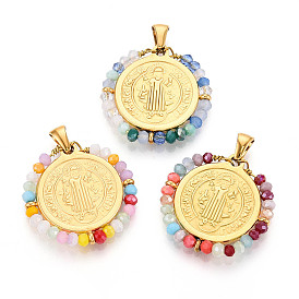 304 подвески из нержавеющей стали, плоские круглые с святым Бенедиктом, со стеклянными бусинами, ионное покрытие (ip), реальный 18 k позолоченный, граненые