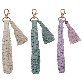 3Pcs 3 Colors Cotton Wrist Strap & Tassel Pendant Keychains, with Zinc Alloy Swivel Clasps and Dyed Lava Round Beads
