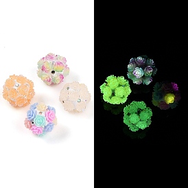 Handmade Luminous Polymer Clay Rhinestone Beads, with Acrylic, Glow in the Dark, Round with Flower