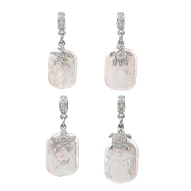 4Pcs 4 Styles Ocean Natural Nucleated Baroque Keshi Pearl Rectangle European Dangle Charms, Brass Micro Pave Cubic Zirconia Sea Animals Large Hole Pendants, Platinum